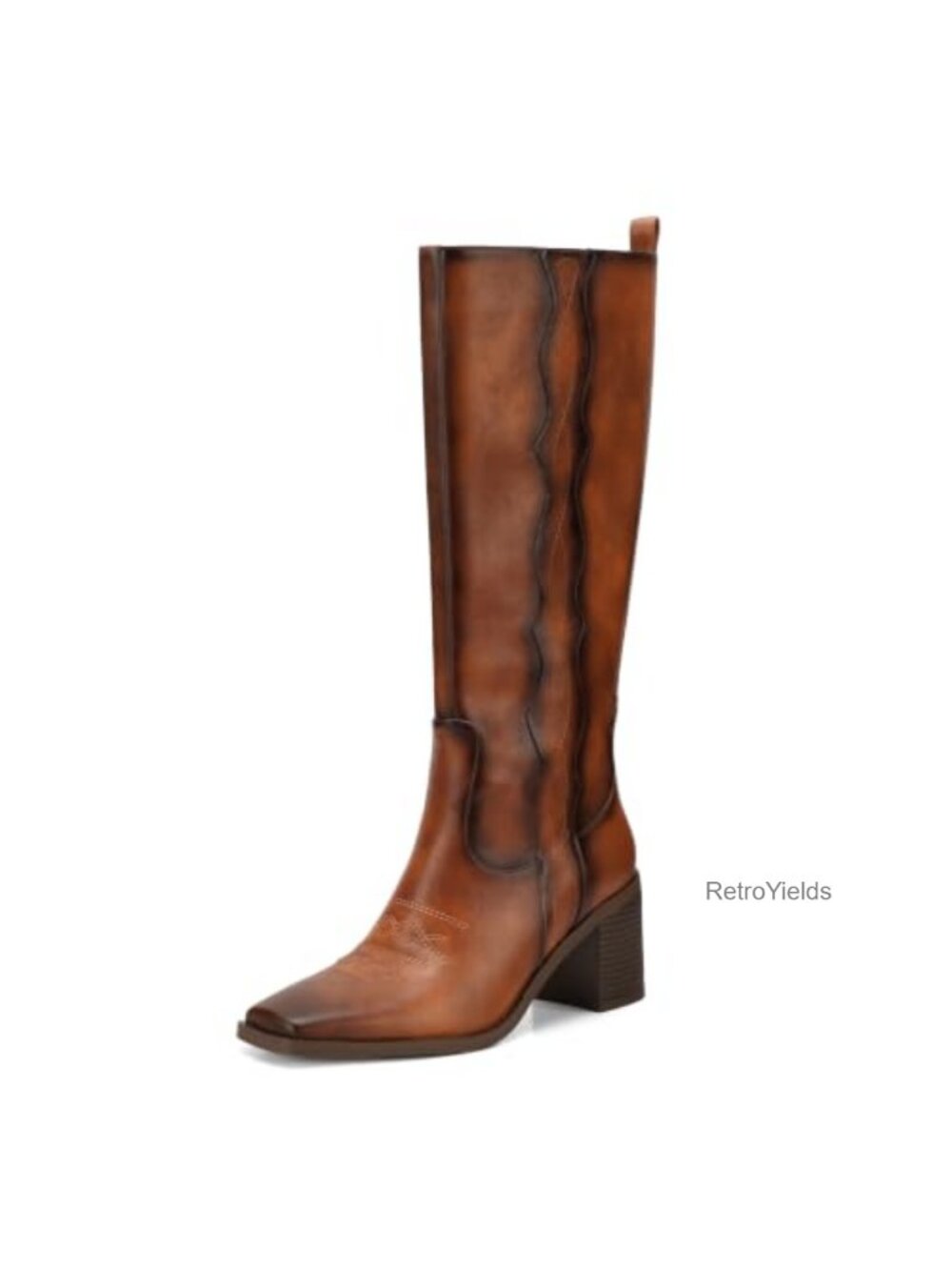 Knee High Western Cowboy Boots Square Toe Block Heel Faux Leather